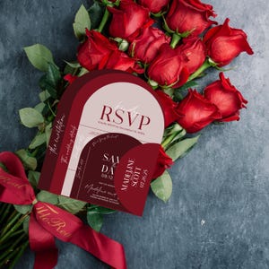 Suite élégante rouge et rose de faire-part de mariage | Ensemble de faire-part de mariage minimaliste | Modèles de mariage modifiables modernes | Téléchargement instantané