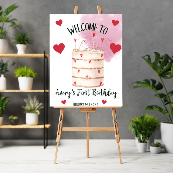 Valentine Day Birthday Welcome Sign Template, Valentines Party Cake Hearts Party Signs, Editable Banner, Instant Download, #VAL