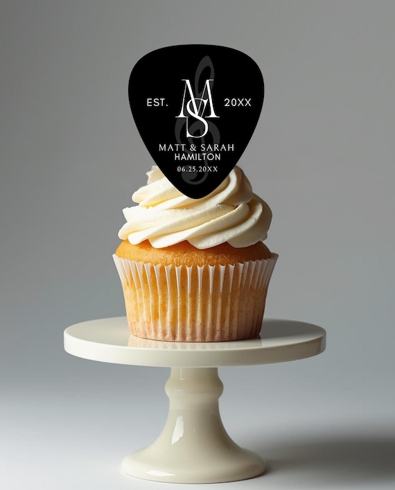 Guitar Pick Cupcake Toppers – Custom Wafer or Frosting Sheets, Personalized Names & Date, Music Themed Wedding or Party Toppers