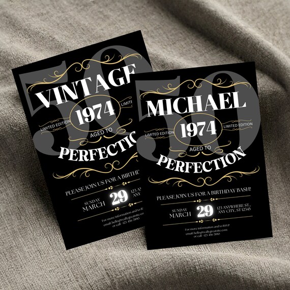 Editable Whiskey Birthday Invitation Sign - Custom Men's Invite - Aged to Perfection, Any Age & Year - Black and Gold Milestone Birthday