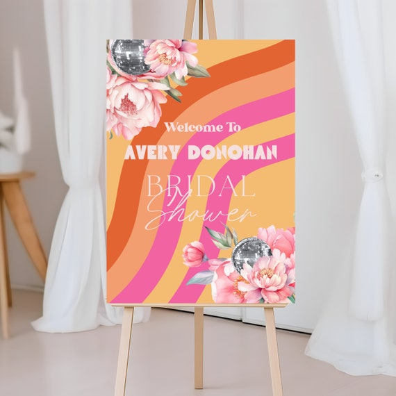 Editable Retro Disco Bridal Shower Welcome Sign Template - 70s & Festival Bridal Shower Banner - Last Disco Theme Floral, Bridal Shower Deco
