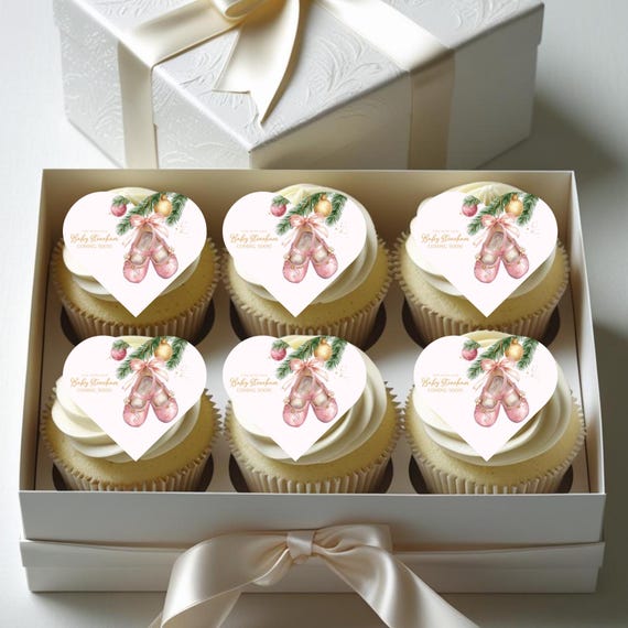 Christmas Baby Shower Cake Topper – “Tied with Love” Pink Shoes Design – Personalized Mom-to-Be Name Topper – Baby Girl Coming Soon Party