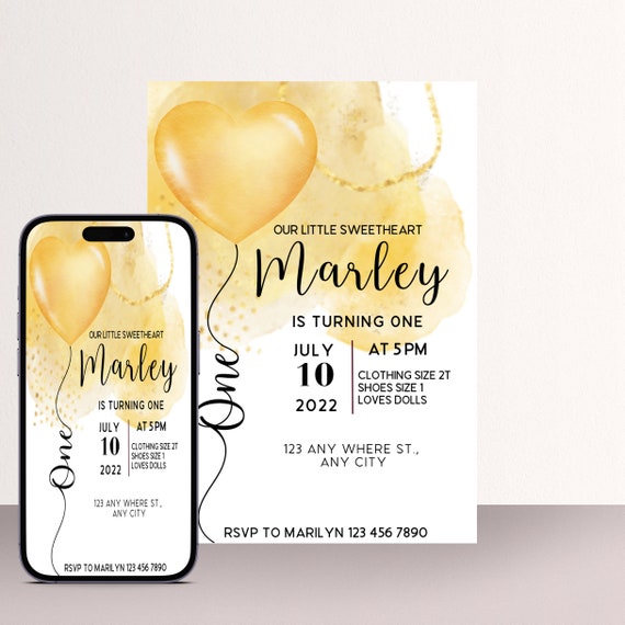 Valentine Yellow Heart Birthday Invitation, First Birthday Invite, Watercolor Heart Balloon, Instant Download #HBY