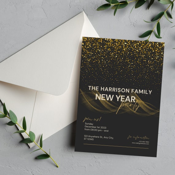 Chic Black and Gold New Year Party Invitation Template, Black and Gold Celebration Invite, Editable New Years Eve Flyer, Print and Digital