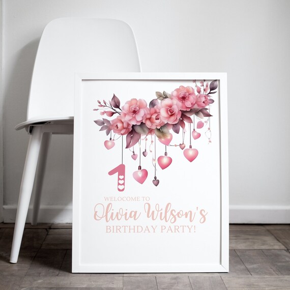Floral Heart Birthday Welcome Sign Template, Fairy Lights Party Banner, Editable Any Age Birthday Signs, Printable Pink Floral Heart Banners