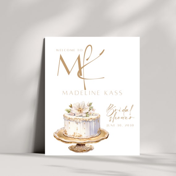 Editable Floral Bridal Shower Cake Welcome Sign Customizable Gold and White Bridal Shower Party Decor, Elegant Printable Welcome Sign Bridal
