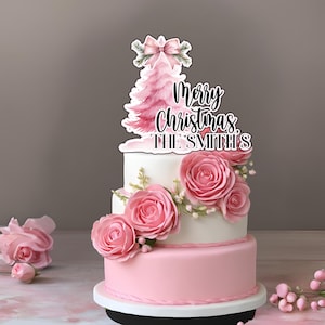 Handcrafted 3D Pink Christmas Tree Cake Topper | Editable Name Cupcake Toppers | Christmas Birthday | Pink Baby Shower Decor