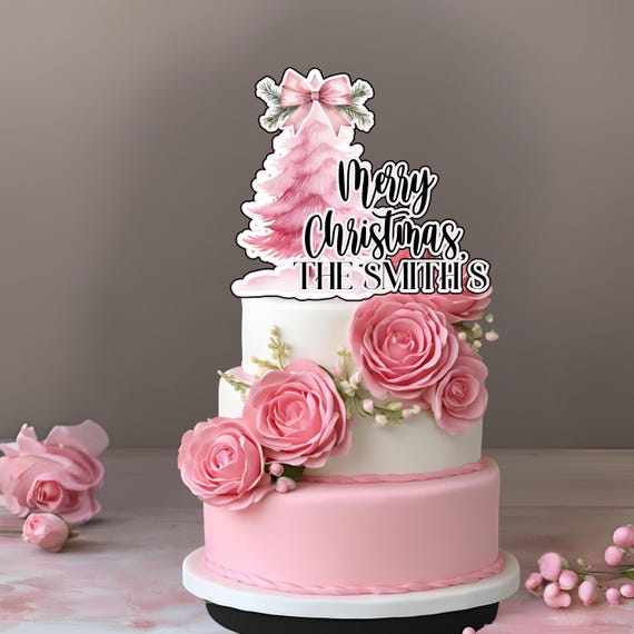 Handcrafted 3D Pink Christmas Tree Cake Topper | Editable Name Cupcake Toppers | Christmas Birthday | Pink Baby Shower Decor