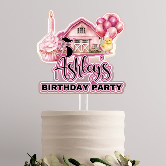 Personalized Pink Farm Birthday 3D Cake Topper, Custom Barnyard Party Toppers, Farm Animals Theme for All Ages Girl's, Pink Farmhouse Decor