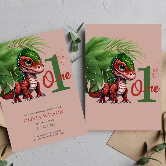 Dinosaur Birthday Invitation Template, Dino Any Age Bday Invite, Red and Green Birthday Party Printable, Print and Digital, #DINO