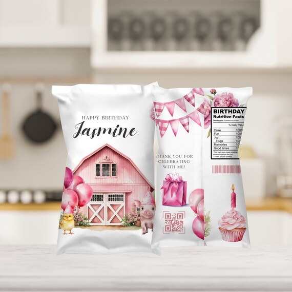 Custom Pink Farm Birthday Chip Bag - Personalized Barnyard Party Labels, Farm Animals Theme, Printable Pink Farmhouse Decor