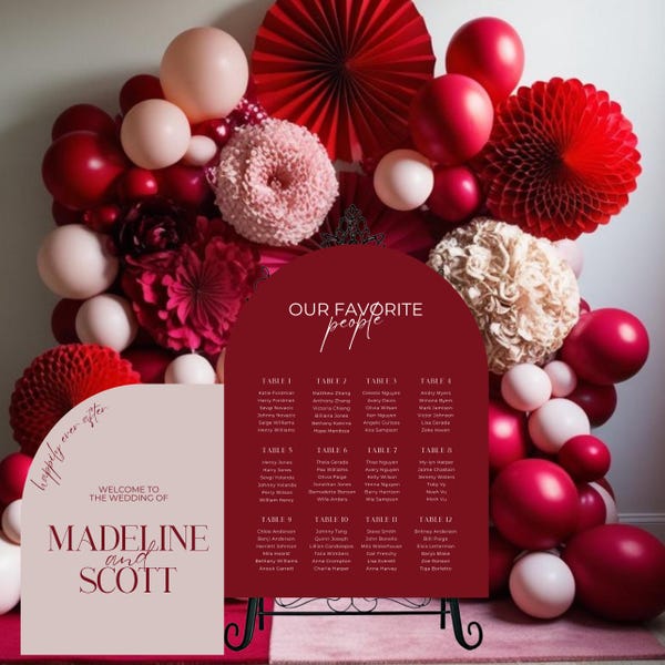 Elegant Red & Pink Wedding Arch Seating Chart - Minimalist Wedding Entrance Sign - Modern Wedding Décor - Custom Wedding Welcome Sign