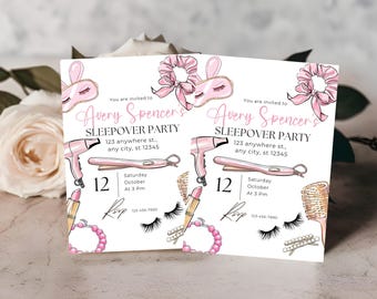 May include: Two pink and white invitation cards for a sleepover party. The cards feature a pink and white illustration of a sleep mask, hair ties, hairbrushes, and makeup. The text on the cards reads "You are invited to Avery Spencer's Sleepover Party" and includes the date, time, and contact information.