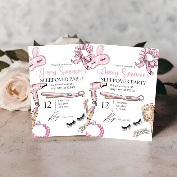 Pink Girls Sleepover Party Invitation | Editable Slumber Party Invite | Cute Overnight Birthday Invitation | Fun Pajama Party