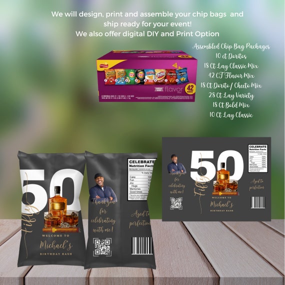 Adult Whiskey and Cigar Birthday Party Chip Bags, Editable Any Age Men's Birthday Chip Label, Printable Bday Label, #AWC