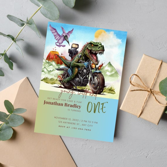 T Rex Dinosaur Motorcycle Birthday Party Invitation, Boys Printable T Rex Invite, Editable Dinosaur Wild One Invitation, Instant Download
