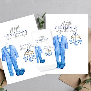Un modèle de remerciement pour la baby shower d’un petit gentleman, la baby shower pour garçon imprimable, la carte de baby shower bleue modifiable, imprimée et numérique