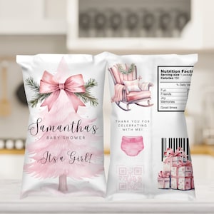 Rosa Weihnachtsbaum Babyparty Chip Beutel Vorlage, Winter Mädchen Baby Shower Party Favor Bags, Winter Rosa Digitale Babyparty Etikett