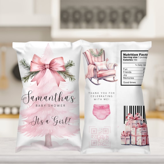Pink Christmas Tree Baby shower Chip Bag Template, Winter Girl Baby Shower Party Favor Bags, Winter Pink Digital Baby Shower Label