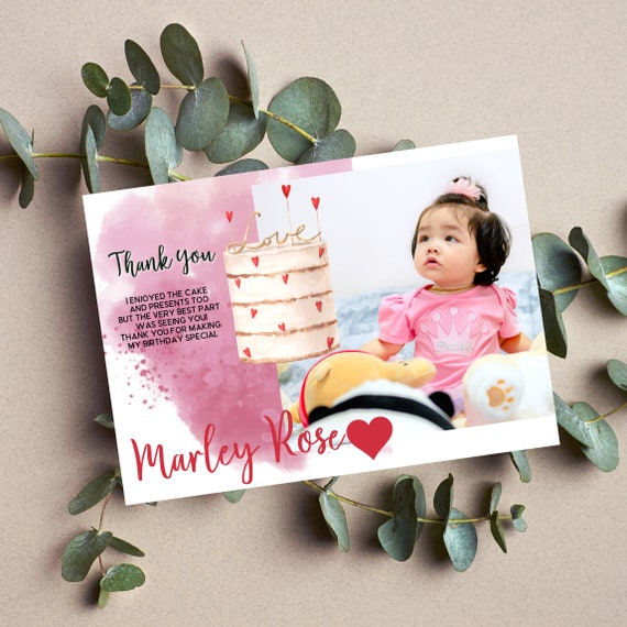 Valentine Day Party Thank You Photo Card Template, Valentines Party Cake Hearts, Printable Cards, Editable Template, Print and Digital, #VAL