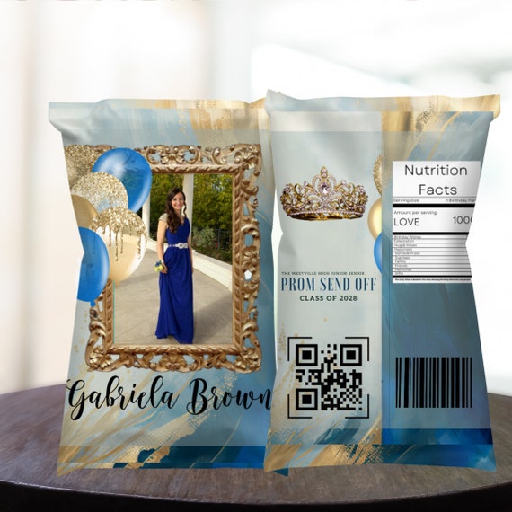 Prom Send Off Chip Bag Template, Prom Party Favors, Printable Photo Chip Bags, Blue and Gold Custom Bags, Print and Digital, PPBG