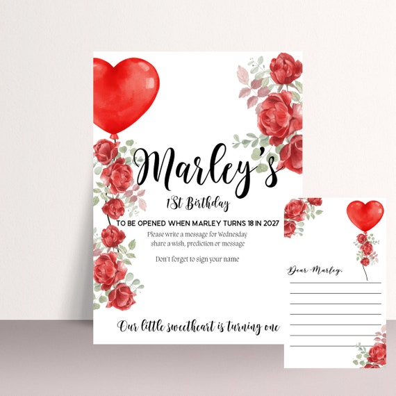 Little Sweetheart Birthday Party Time Capsule Sign, Valentine Birthday Party Signs, Red Floral Heart Balloon Banner, Instant Download, #BHF