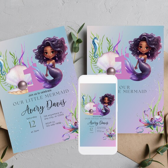 African Princess Mermaid Invitation, Birthday Invitation Template, Black Mermaid Party, Printable Invite, Any Age, Instant Download