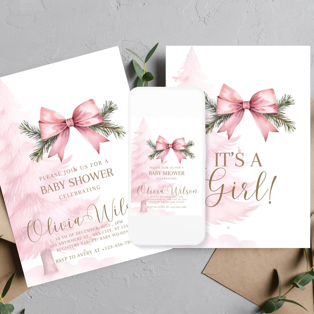 Pink Christmas Tree Baby Shower Invitation, Winter Girl Baby Shower