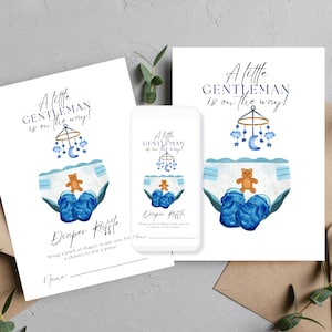 Ein kleiner Gentleman-Baby-Dusche-Windel-Verlosungsvorlage, junge-Babyparty-druckbare, bearbeitbare blaue Baby-Dusche-Karte, sofortiger Download