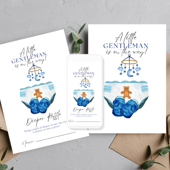 A Little Gentleman Baby Shower Diaper Raffle Template, Boy Baby Shower Printable, Editable Blue Baby Shower Card, Instant Download