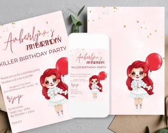 Puede incluir: Una invitación de fiesta de cumpleaños rosa y dorada con una niña de pelo rojo sosteniendo un globo rojo. La invitación dice "Amberlynn's 7th Birthday Killer Birthday Party" e incluye detalles sobre la fiesta, como la fecha, la hora y el lugar.