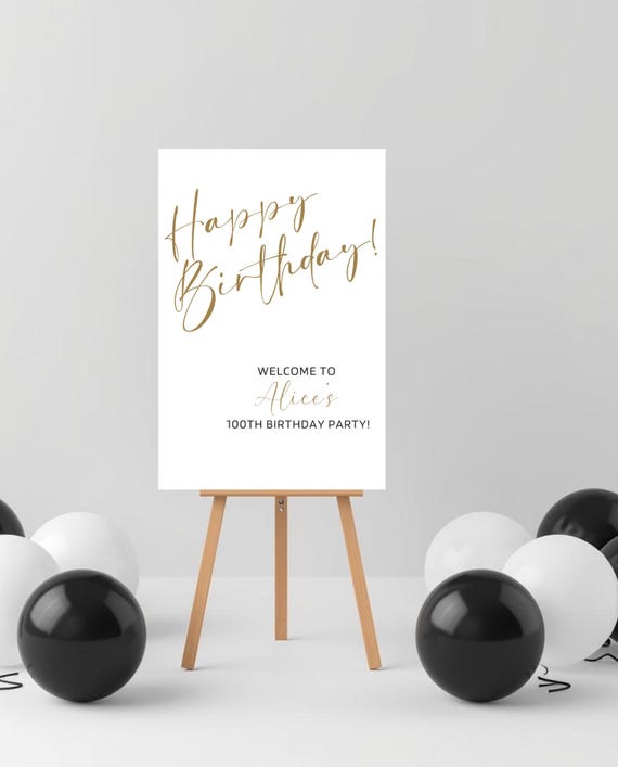 Modern Minimalist Birthday Welcome Sign Template, White and Gold Editable Sign, Elegant Printable Birthday Decor, Instant Download