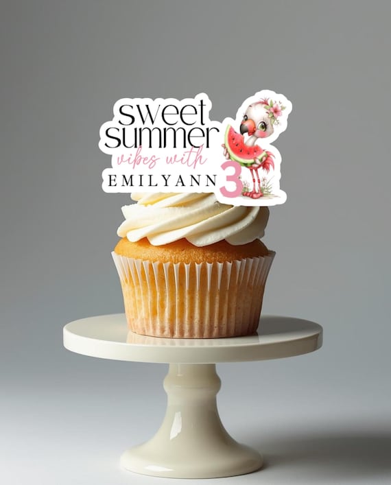 Flamingo Cupcake Toppers, Let’s Flamingo Birthday Party Decor, Tropical Watermelon Toppers, Personalized Name & Age, Pink Flamingo Party