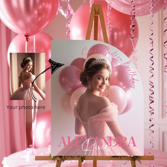 Pink Sweet 16 Photo Welcome Arch Sign, Custom Sweet Sixteen Birthday Decor, Personalized Birthday Party Entrance Sign, Editable Welcome Sign