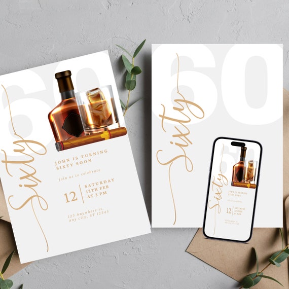 Adult Whiskey and Cigar Birthday Invitation, Editable Any Age Men's Birthday Invite, Printable Bday Invitations, #AWC