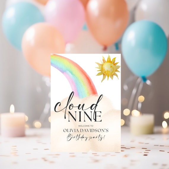 Rainbow Clouds Birthday Welcome Sign Template | Customizable for Any Age | Watercolor Party Banner | Printable and Digital Download