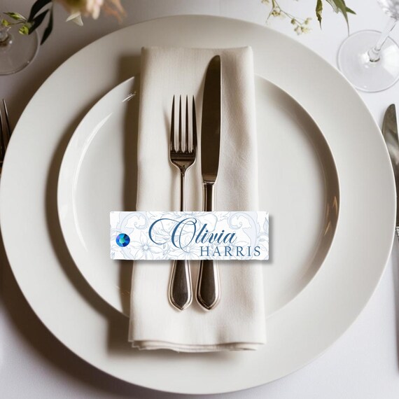 Custom White & Blue Floral Name Tags - Personalized Wedding Place Cards - Printed Seating Cards - Elegant Name Cards for Events