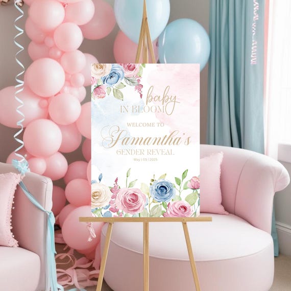 Pastel Pink and Blue Roses Welcome Sign - Gender Reveal Baby Shower Sign - Spring Summer Baby Party Decor - Floral Baby Shower Poster