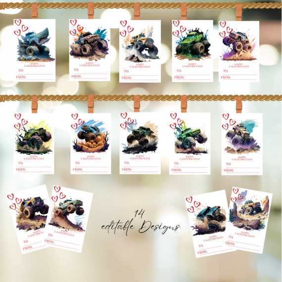 Valentine Day Monster Truck School Cards Template, Kids Classroom Printable Valentines Card, Editable Children Valentine Cards