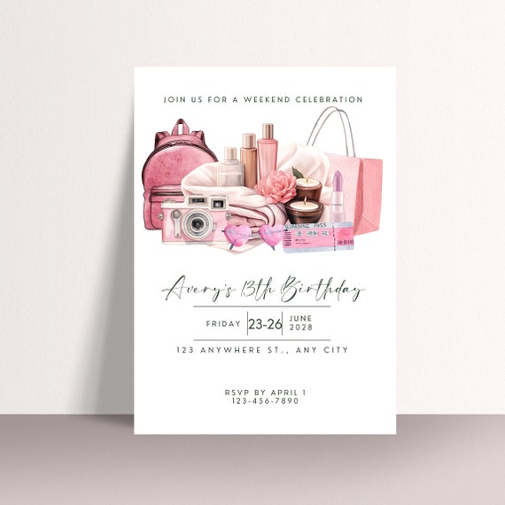 Chic Pink Birthday Weekend Invitation - Girls Getaway Itinerary, Spa Day, Cruise, Ladies Night - Printable Vacation Template