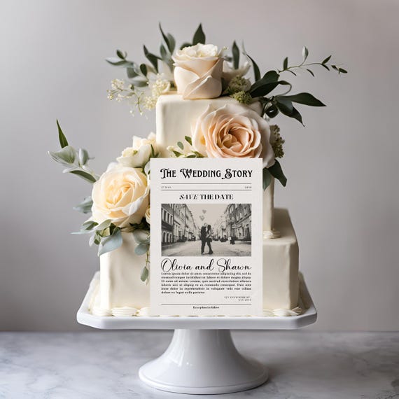 Vintage Newspaper Save the Date Photo Cake Topper - Custom Edible Newspaper Toppers for Weddings, Unique Personalized Party Decor