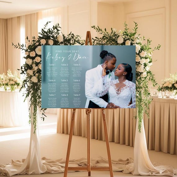 Custom Wedding Photo Seating Chart Sign –Acrylic or Foam Board | Personalized Guest Seating Display with Picture | Elegant Reception Signage