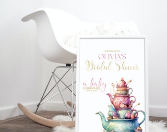 Customizable Baby Shower Tea Cups Welcome Sign Template, Tea Party Signage, A Baby Is Brewing Banner, Editable Tea Party Signs