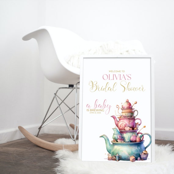 Customizable Baby Shower Tea Cups Welcome Sign Template, Tea Party Signage, A Baby Is Brewing Banner, Editable Tea Party Signs