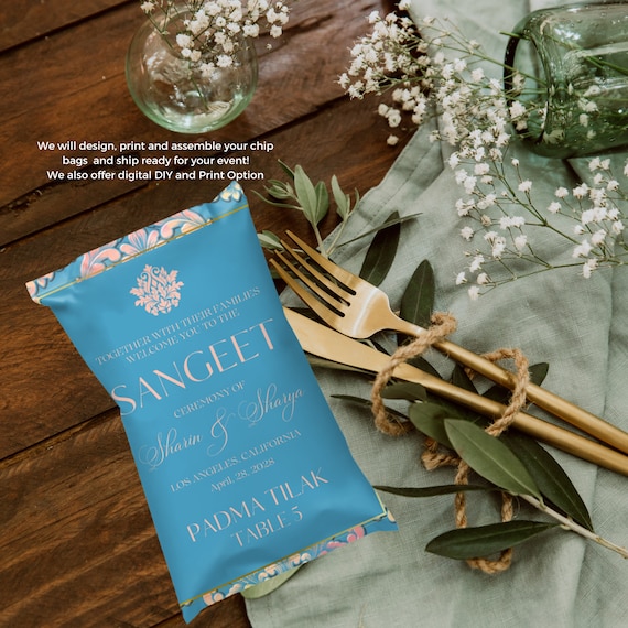 Blue and Gold Royal Indian Wedding Chip Bag Favors | Elegant Personalized Engagement and Wedding Table Decor | Traditional Guest List Favors