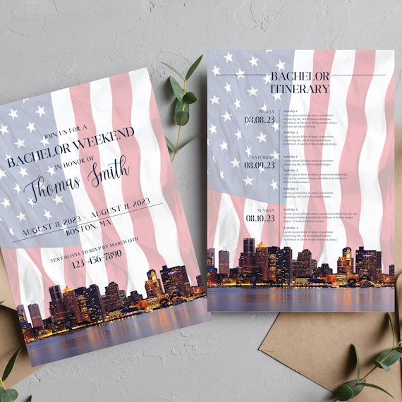 Boston Bachelor Itinerary Template, Boston Skyline, Bachelorette Weekend Invitation, Editable Weekend Birthday Invite Instant Download #BSTN