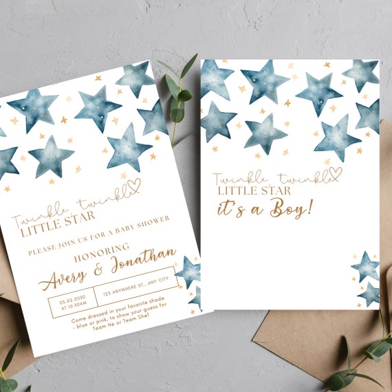 Editable Blue Stars Baby Shower Invitation Template - Twinkle Little Star - Printable Boy Invite - Customizable DIY Baby Shower Invitations