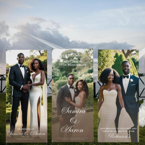 Custom Wedding Photo Vinyl Banner with Stand | Personalized Welcome Signage | Outdoor Wedding Decor | Printed Wedding Sign Couple's Picture