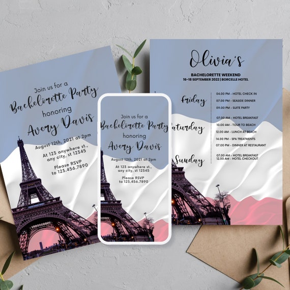 Paris France Bachelorette Invitation Template, Editable Itinerary Paris Itinerary Invite Paris France Skyline, Print and Digital #PRS