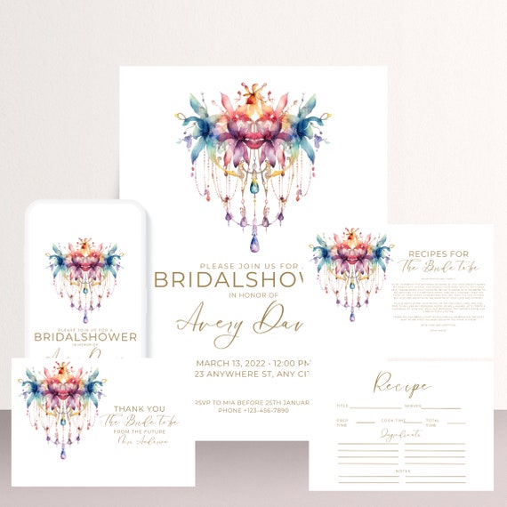 Bridal Shower Chandelier Invitation Bundle Template, Editable Wedding Recipe Card, Bridal Shower Thank you, Printable Party Bundle